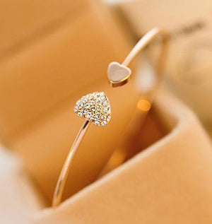 Crystal Double Heart Bow  Cuff Opening Bracelet